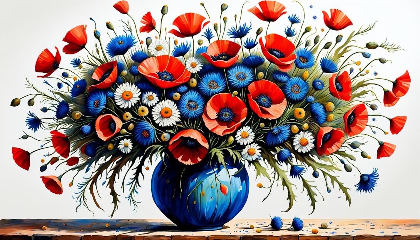 a large bouquet of poppies, cornflowers, chamomile, 