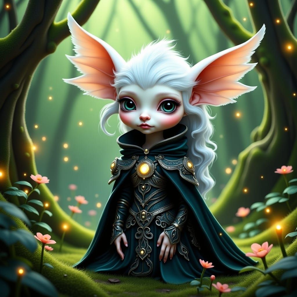 <lora:MrsH Enchanted:1.0>  head and shoulder face portrait of a cute snow-white filigree gremlin. wearing ornate black cloak and black-bee e...