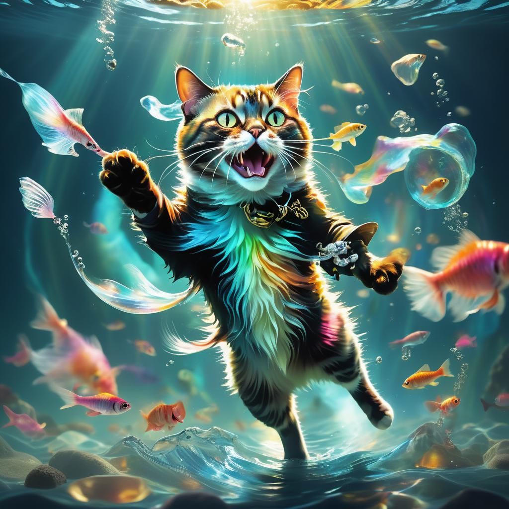 Surreal Cat Pirate Catches Fish Underwater