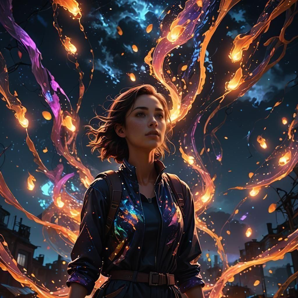 Radiant Woman Illuminates Dark Night Landscape