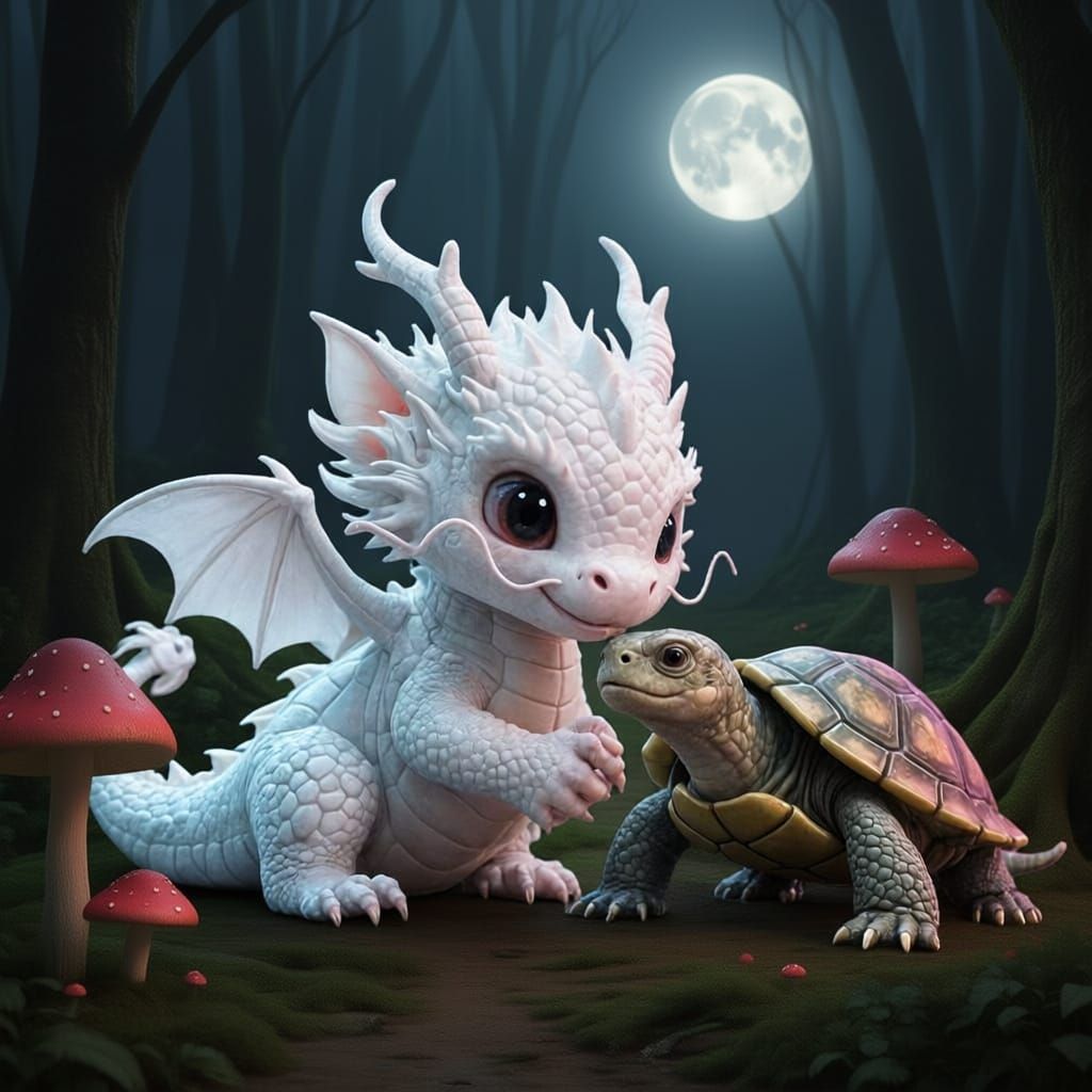 A baby dragon pure irredecsant white looking lovingly a a turtle 