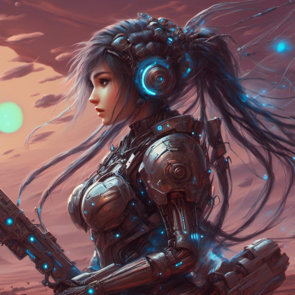  <lora:Cyber Pixie:1.0> dark cyber Pixie long braided brunette hair fighting cyborgs on mars