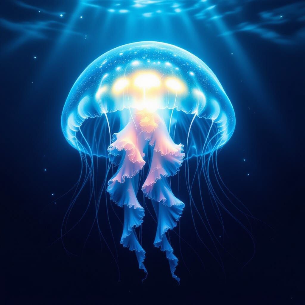 Bioluminescent Jellyfish in Deep Ocean Abyss