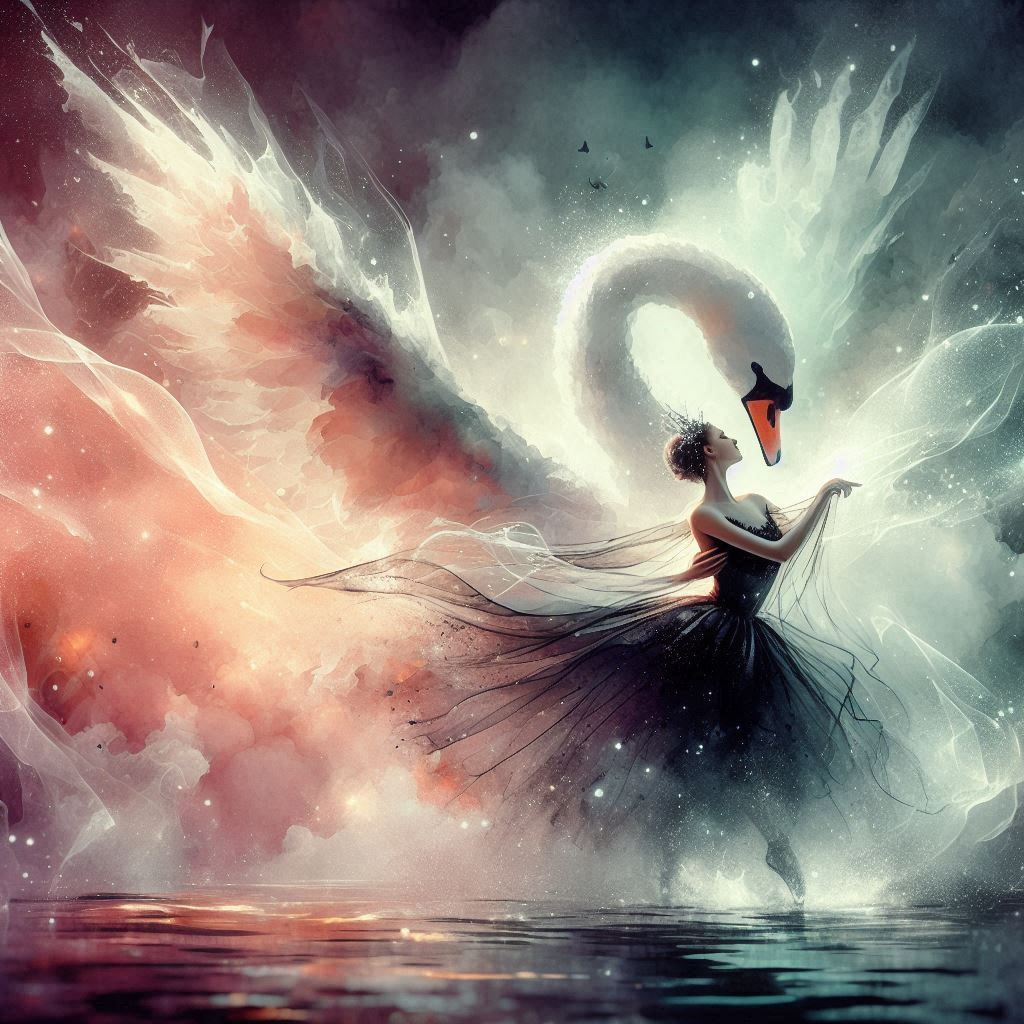 A majestic swan with a beautiful black swan ballerina
