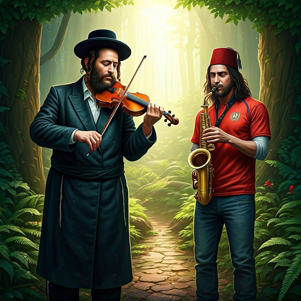 Hasidic Musicians in Mystical Forest, Fantasy Art