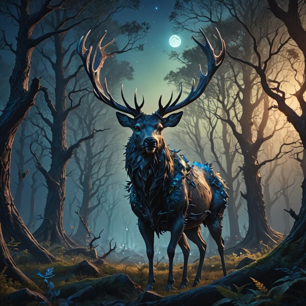 Deer in forest under blue night sky