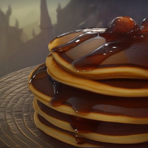Huge stack of fluffy pancakes with syrup flowing down the sides  by @Hampter