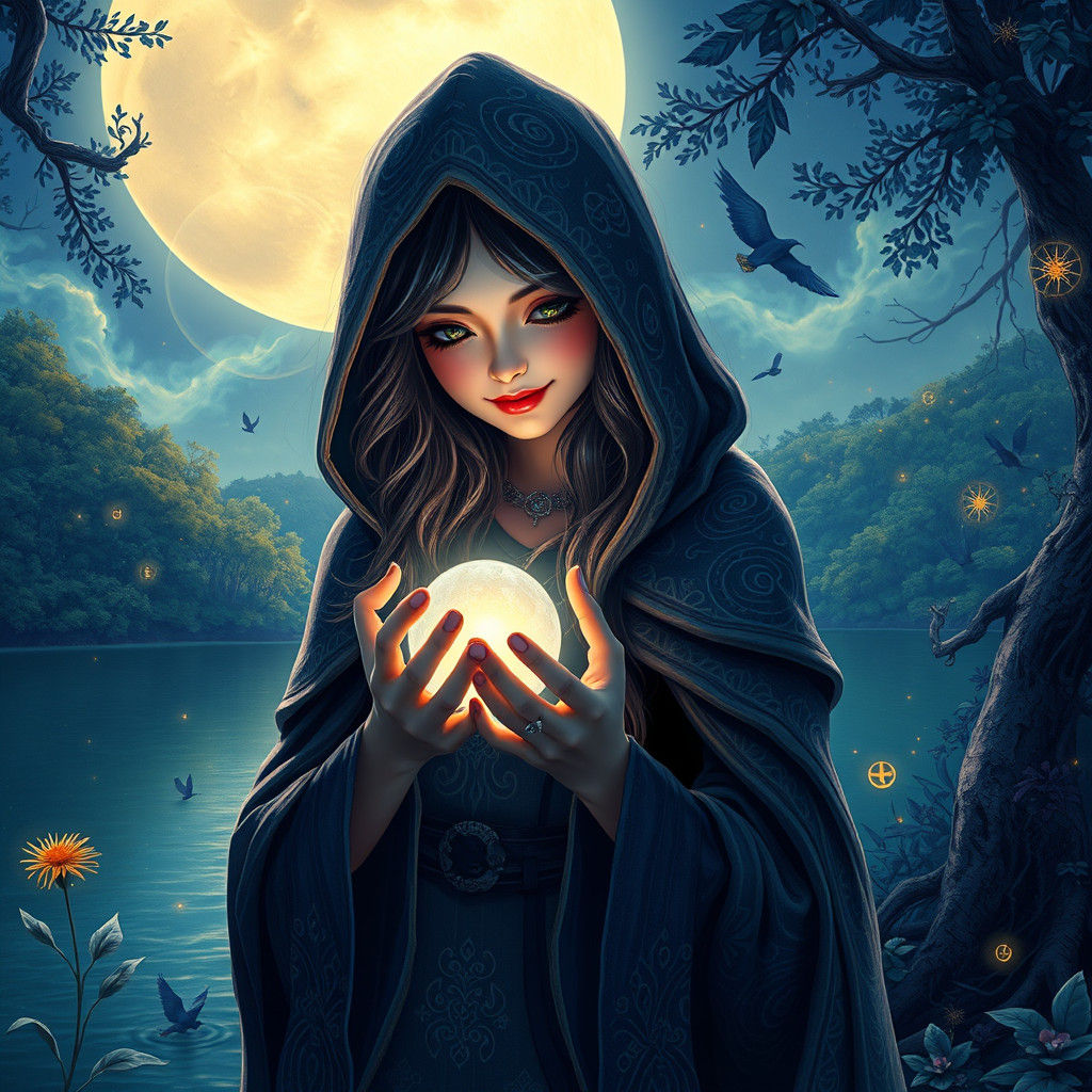 Mystical Woman with Orb by Moonlit Lake