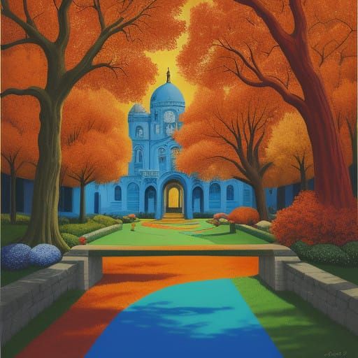 Aumnn red orange trees with arch bridge with fish eye surrealist 
