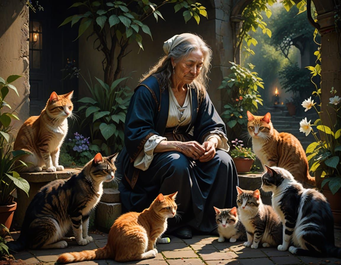Cats keeping an elder woman compagny.