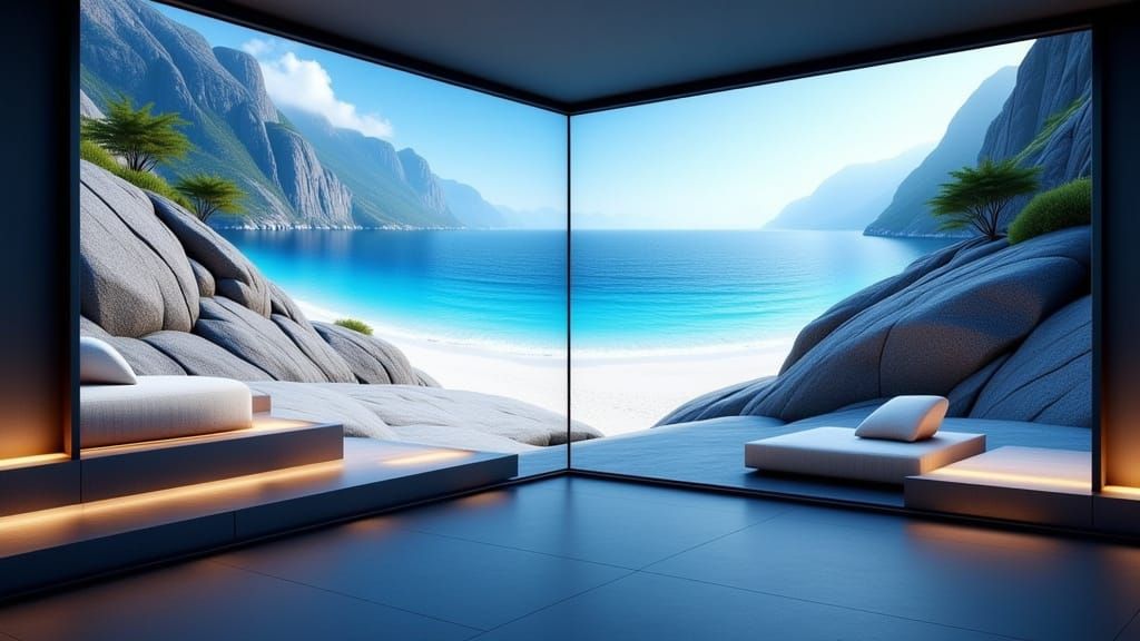 <lora:The Flux Architect:1.0> Two led wall's in size of 4,4m width and 2,5m high are standing directly togehter in an angle of 90 degree, st...