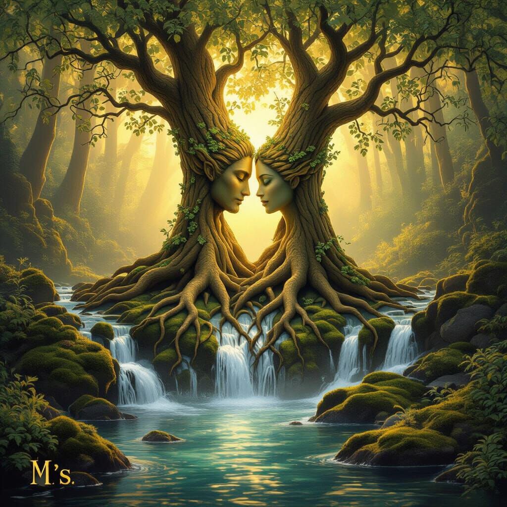 "A surreal, dreamy photo, depicting a stream and waterfall scene in a fairytale forest. The clear stream flows over mossy rocks, surrounded ...