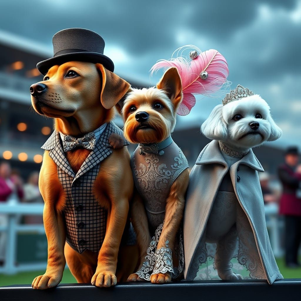 A male tan Labrador dog, a female Yorkshire Terrier, and a female white ...