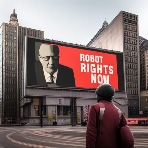 Large billboard with text "Robot rights now!"   by @Vollesnor