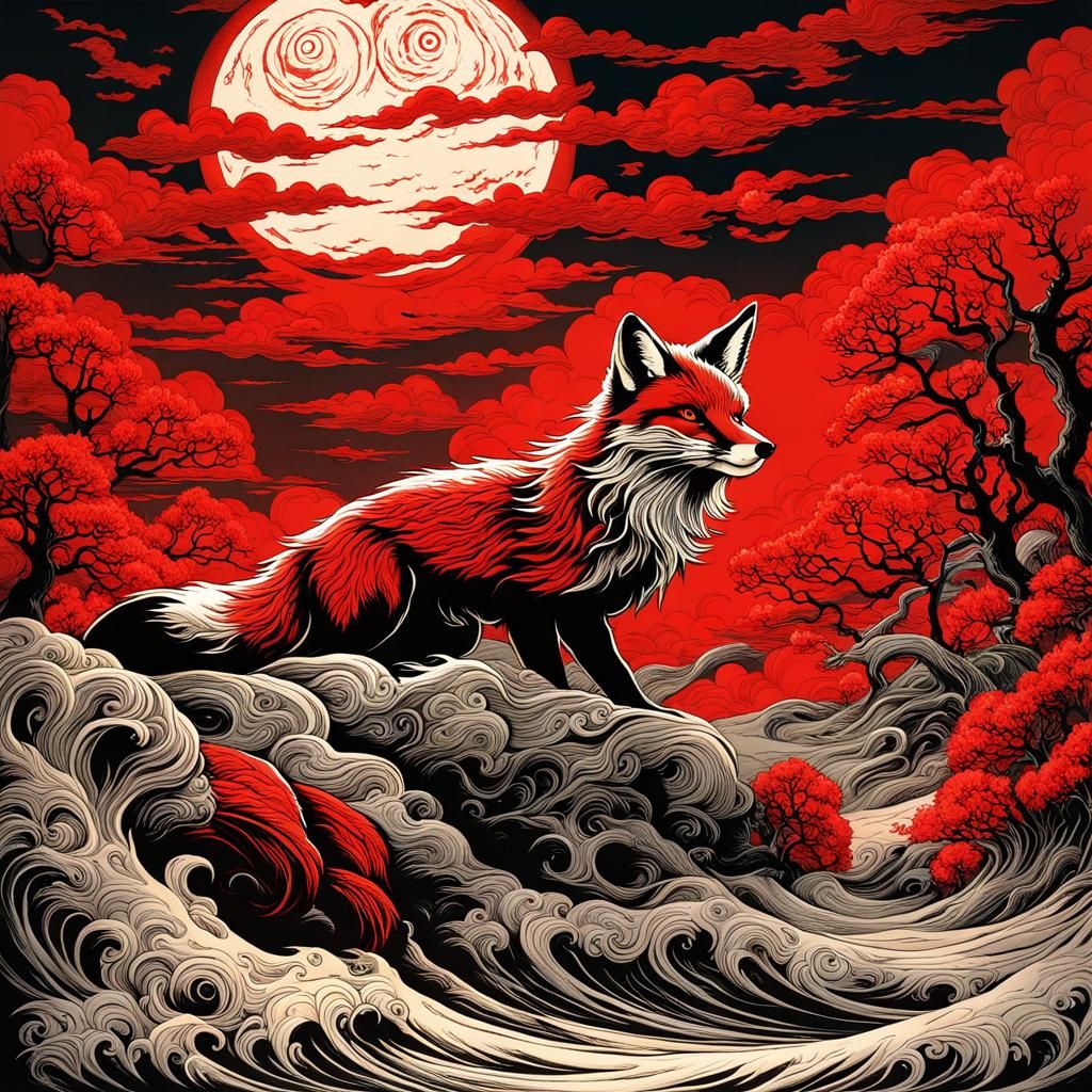 Crimson Foxes Under a Blood Moon in Ukiyo-e Style
