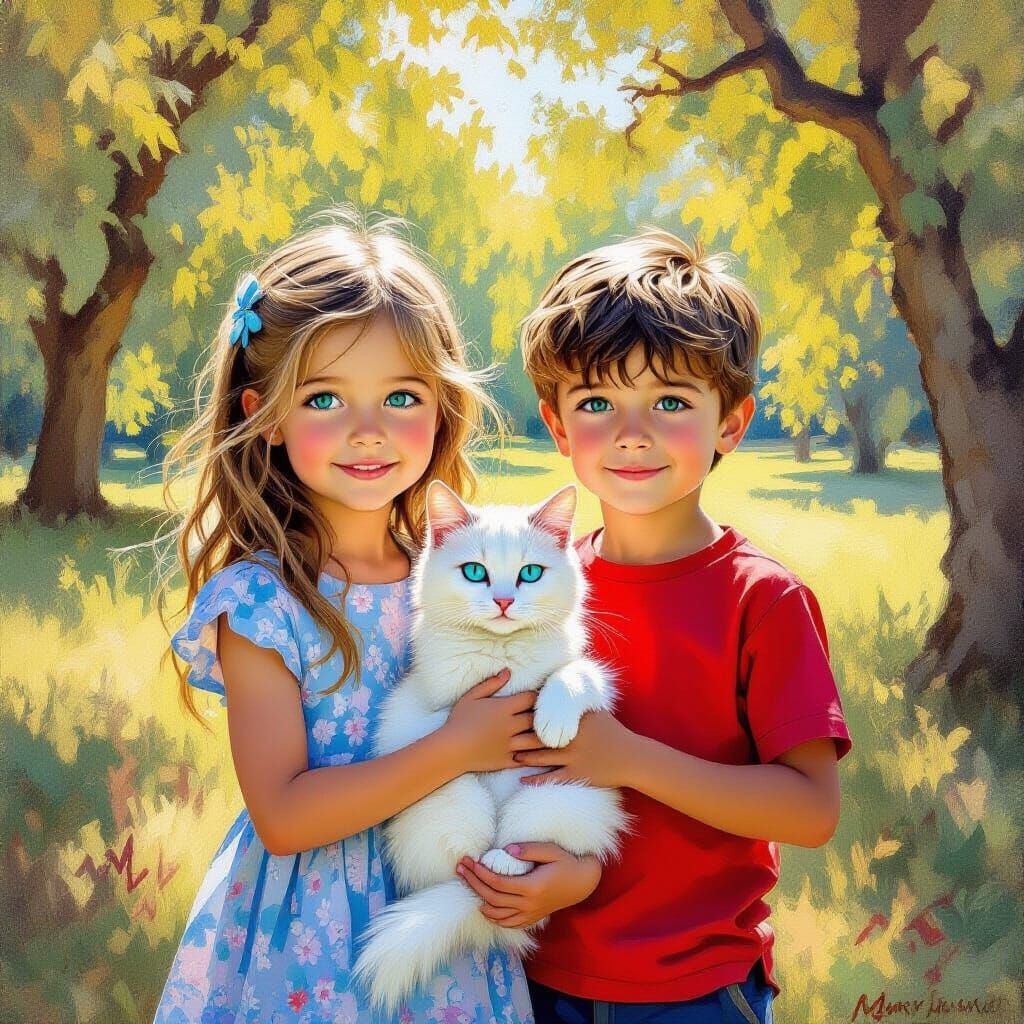 Children with Turquoise Eyes Holding White Cat in Park