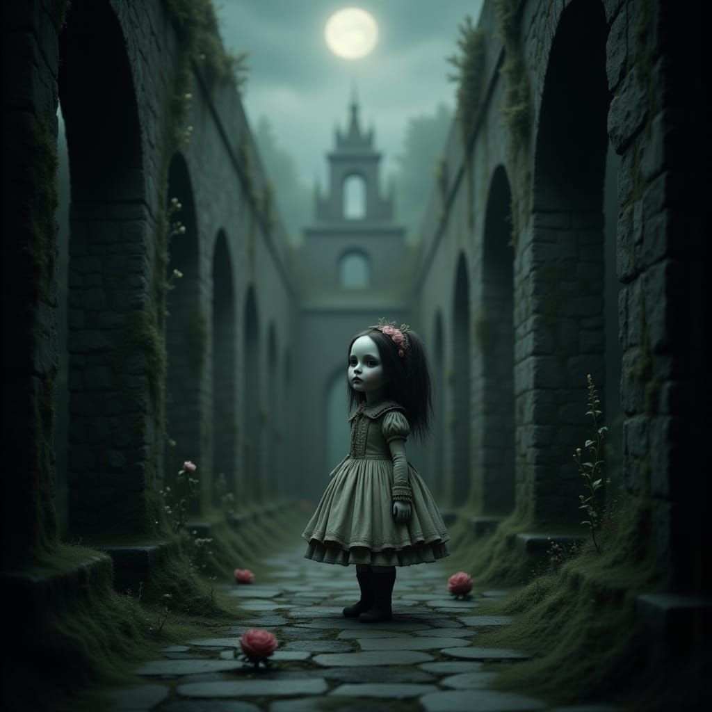 Porcelain Doll in Ruined Castle Courtyard at Moonlight