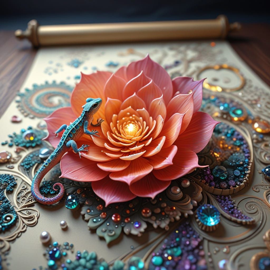 Japanese Watercolor Dragon Amidst Rainbow Echeveria and Pear...