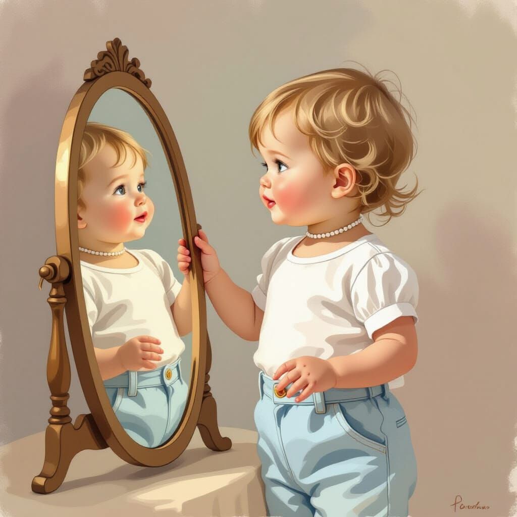 Baby Girl Gazes Into Mirror in Whimsical Illustration