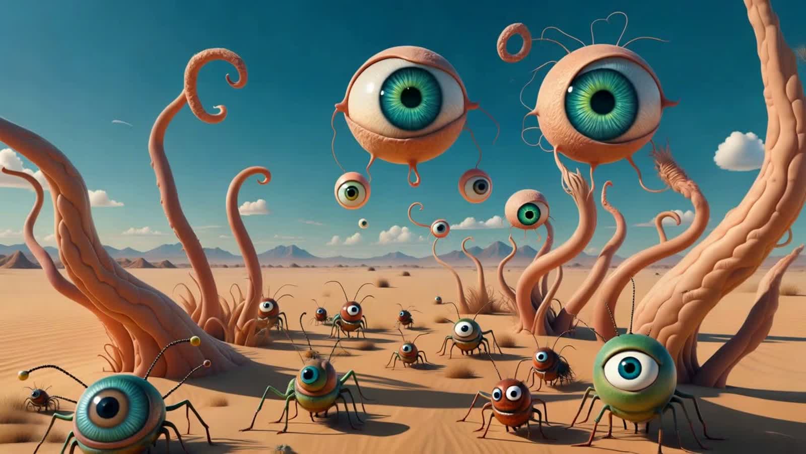An absurd, whimsical scene unfolds in a vast, empty desert. Giant, disembodied eyeballs float lazily above bizarre, muta...