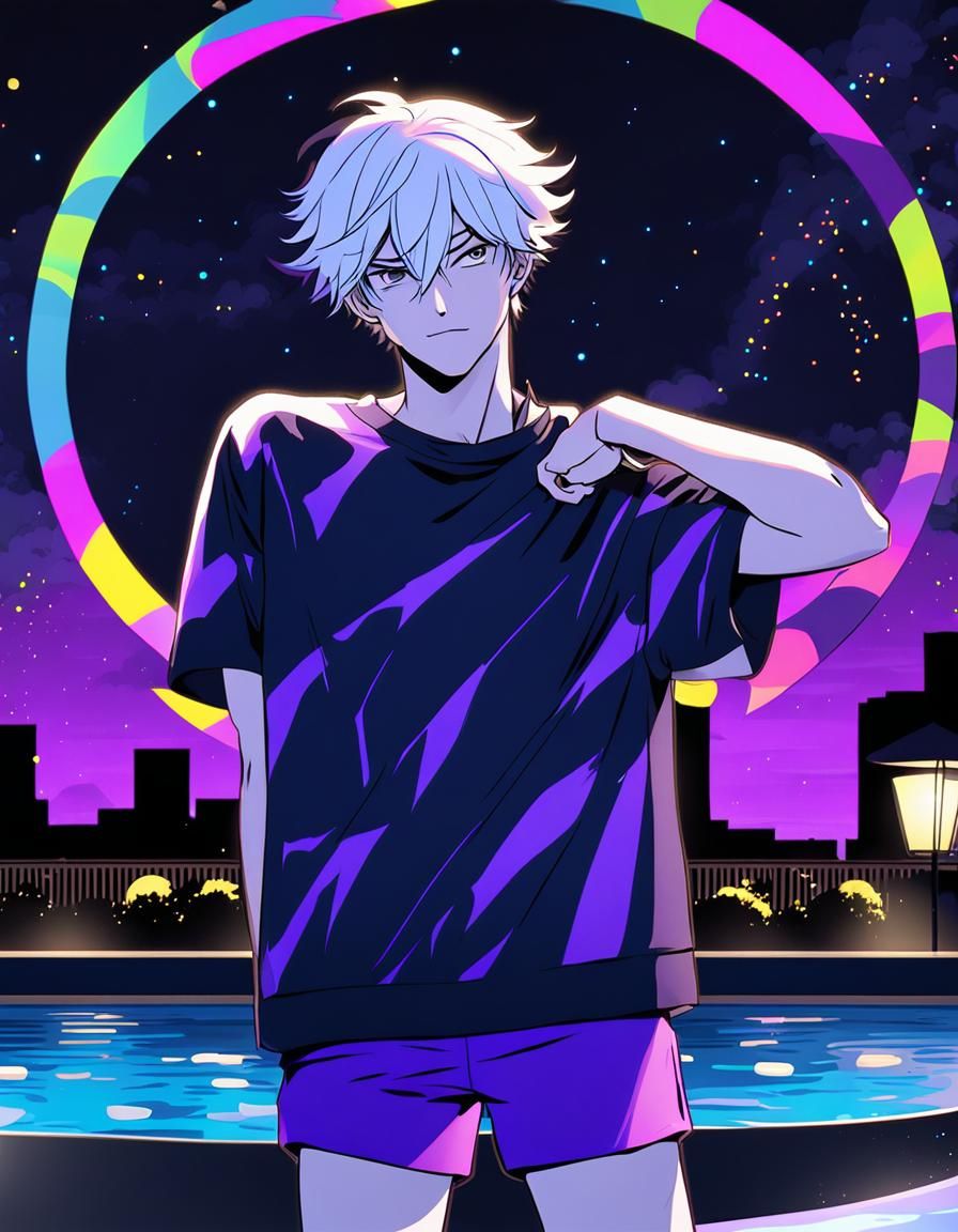 A teen guy with white hair is wearing purple swimming trunks...