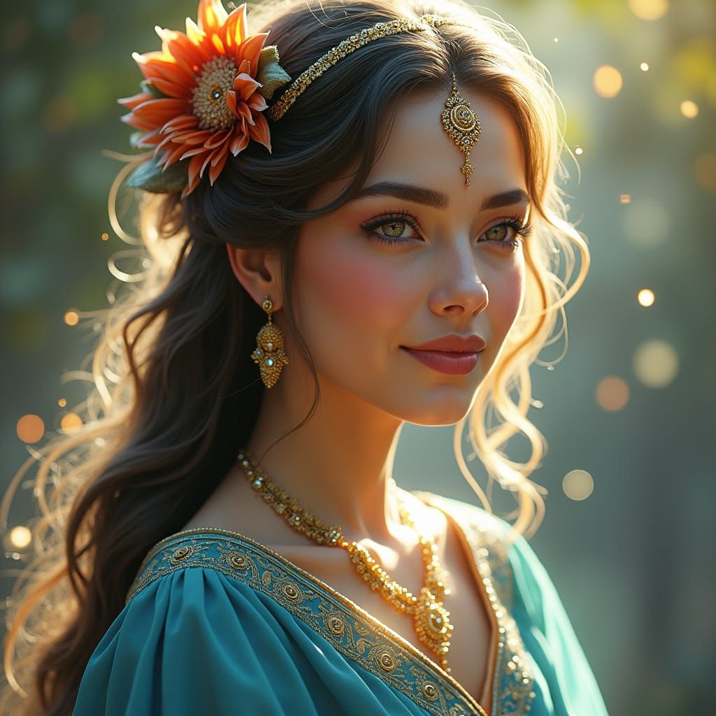 Devotional Woman with Krishna in Art Nouveau Style