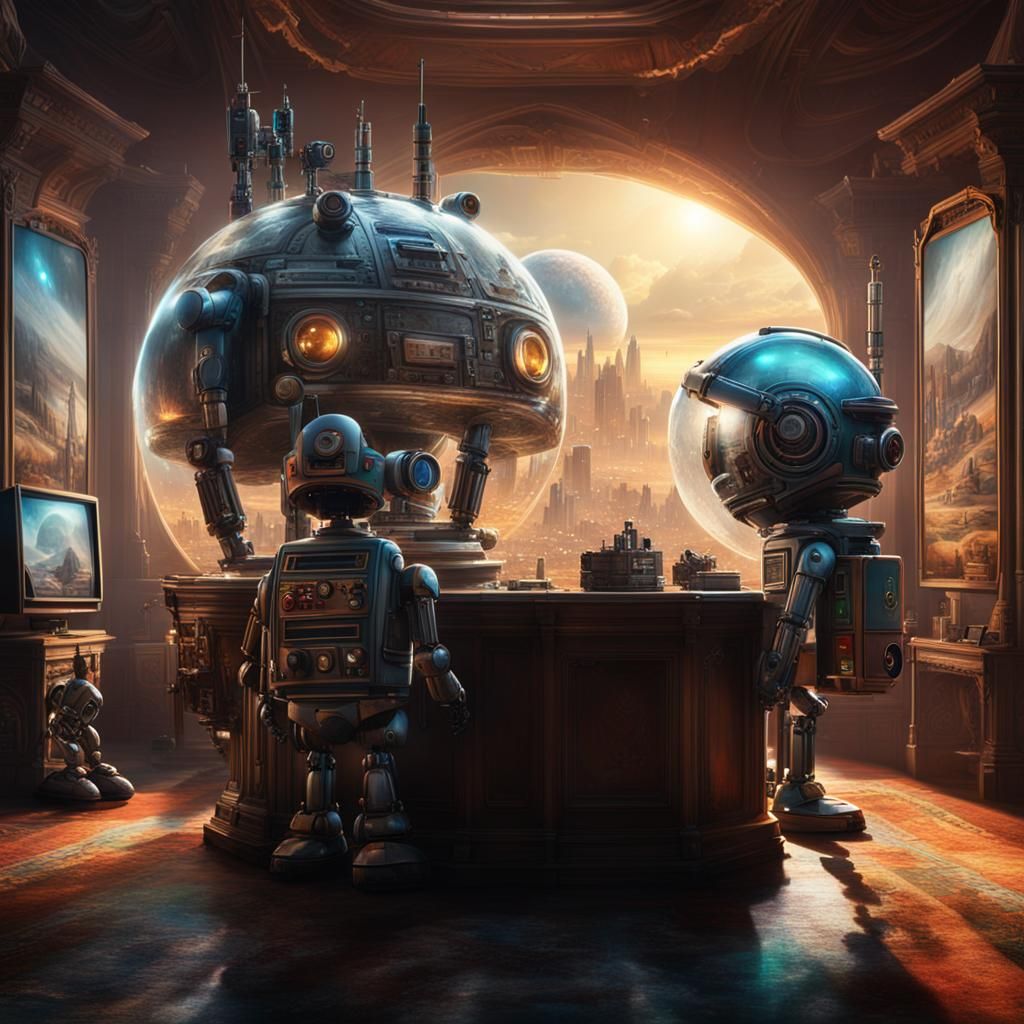 A glass globe containing A robot watching another robot on t...