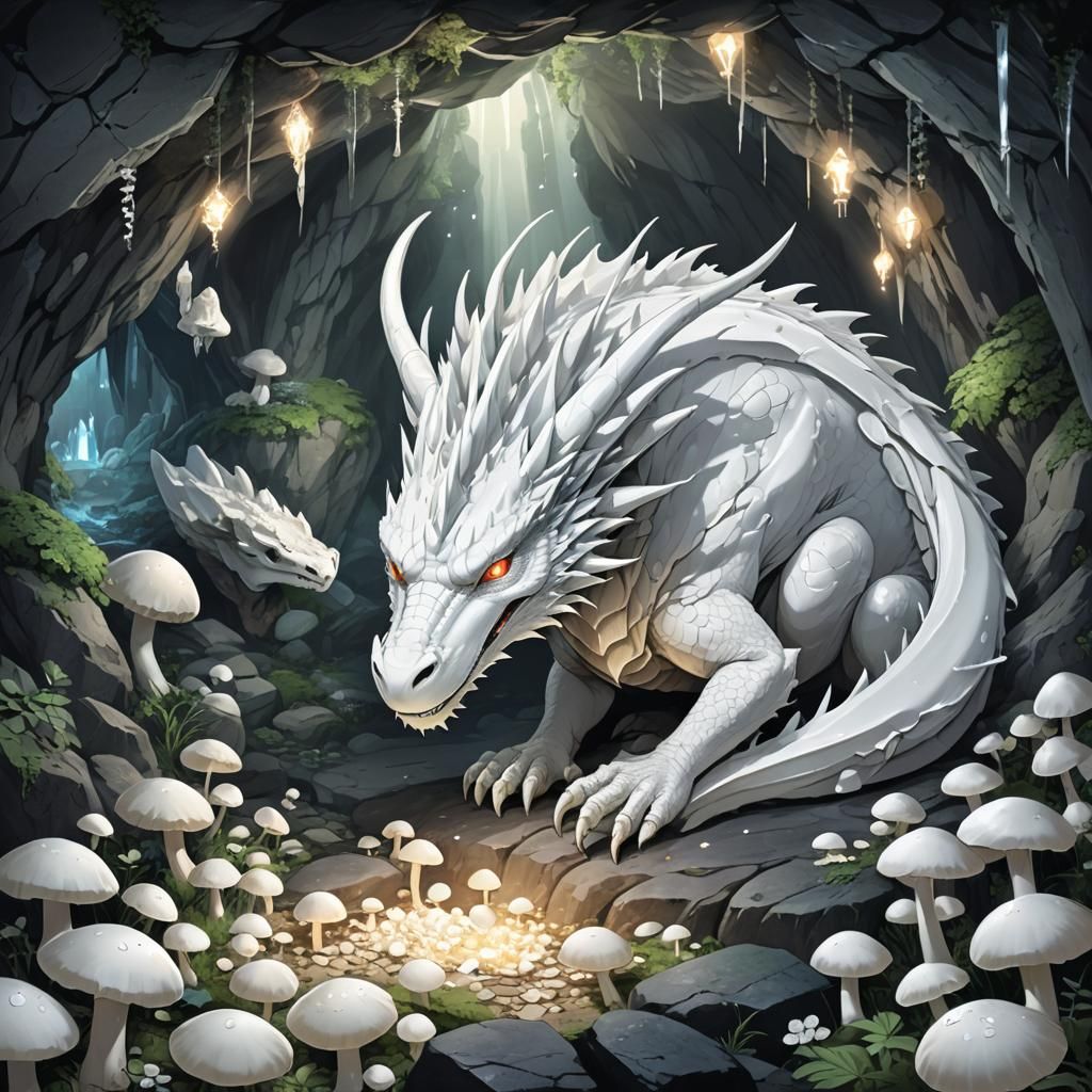 A White Dragon Sleeping In A Cave Full With White Glowing Mushrooms 