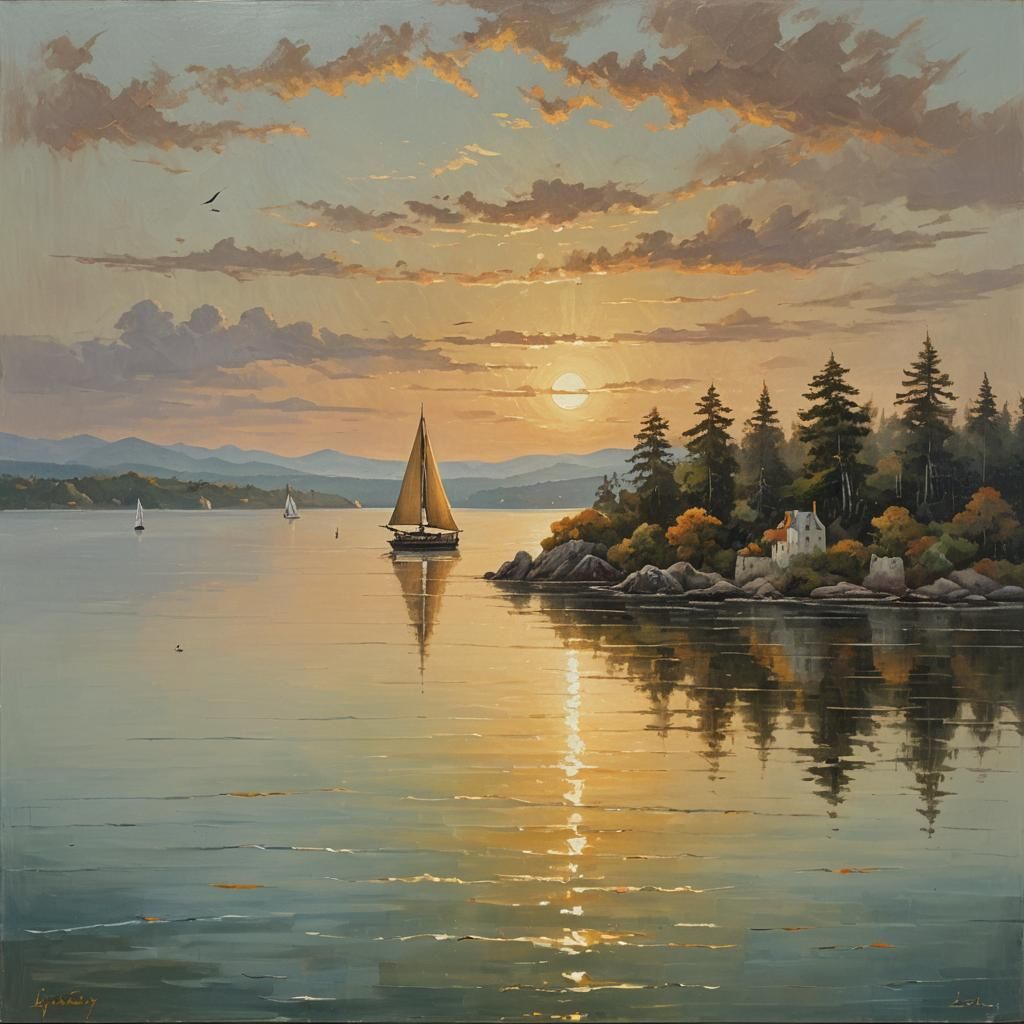 Sailboat on Calm Sea: Atmospheric Oil Painting