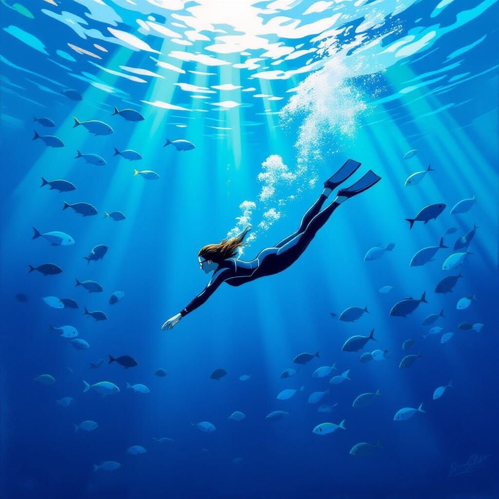 Woman Swims in Deep Blue Ocean Amidst Fish, Whimsical Style