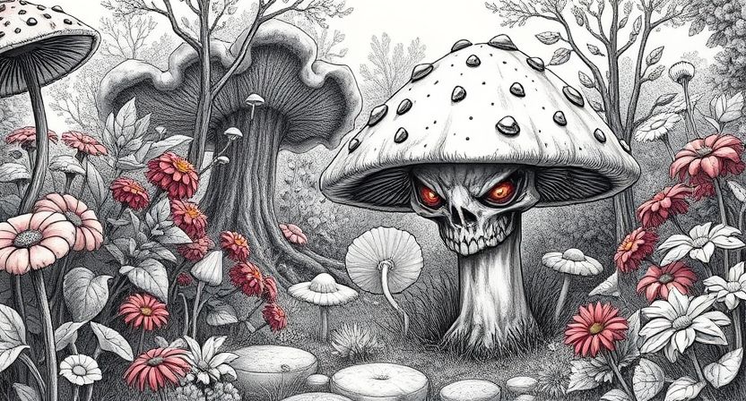 Angry Deathcap Mushroom in Pen and Ink