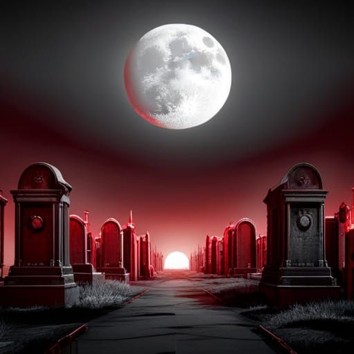 A monochrome landscape of graveyard except the sky is red wi...