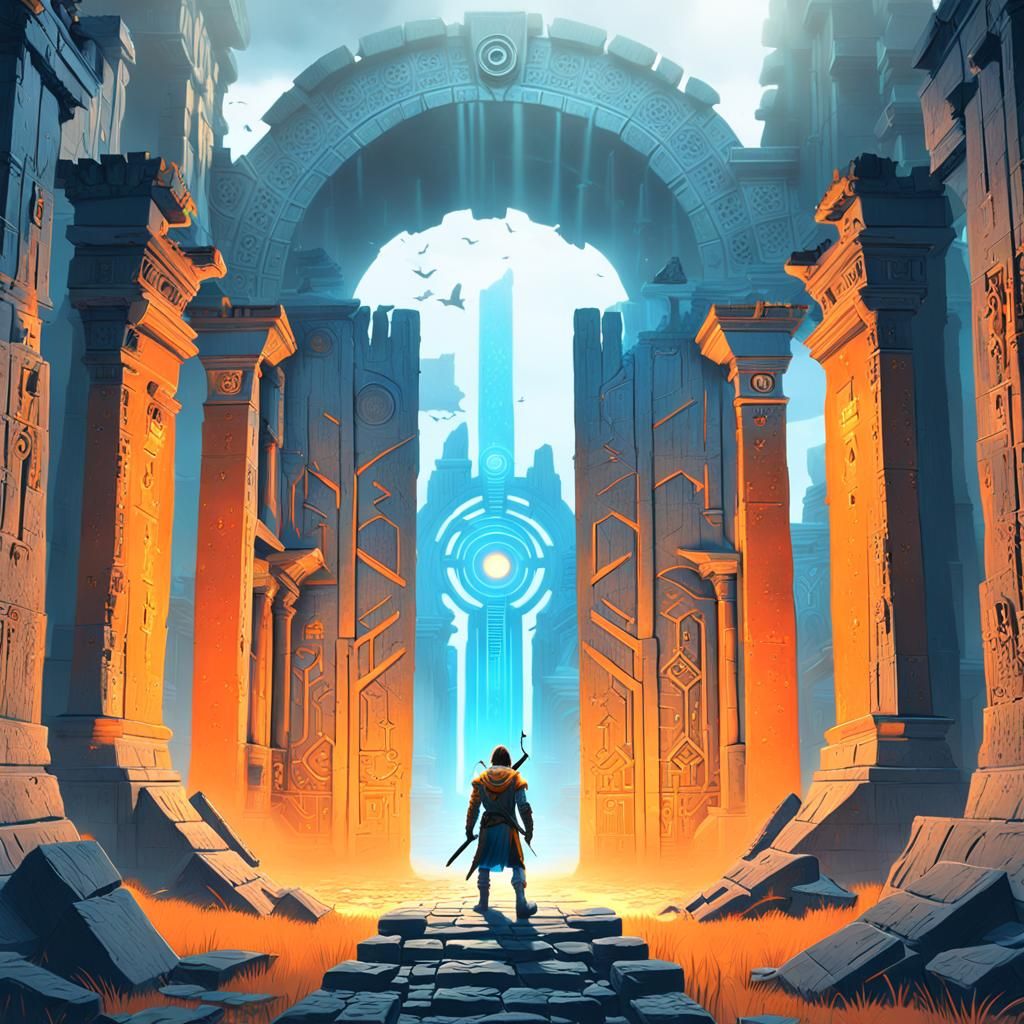 Warrior Emerges from Mystical Portal in Fantasy Ruins