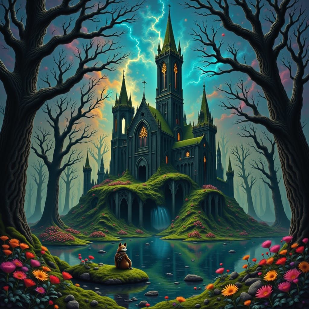 <lora:Faenyx:1.0> An anthropomorphic fox wearing a tattered steampunk aviator's cap and goggles, perched atop a towering, moss-covered ruin ...