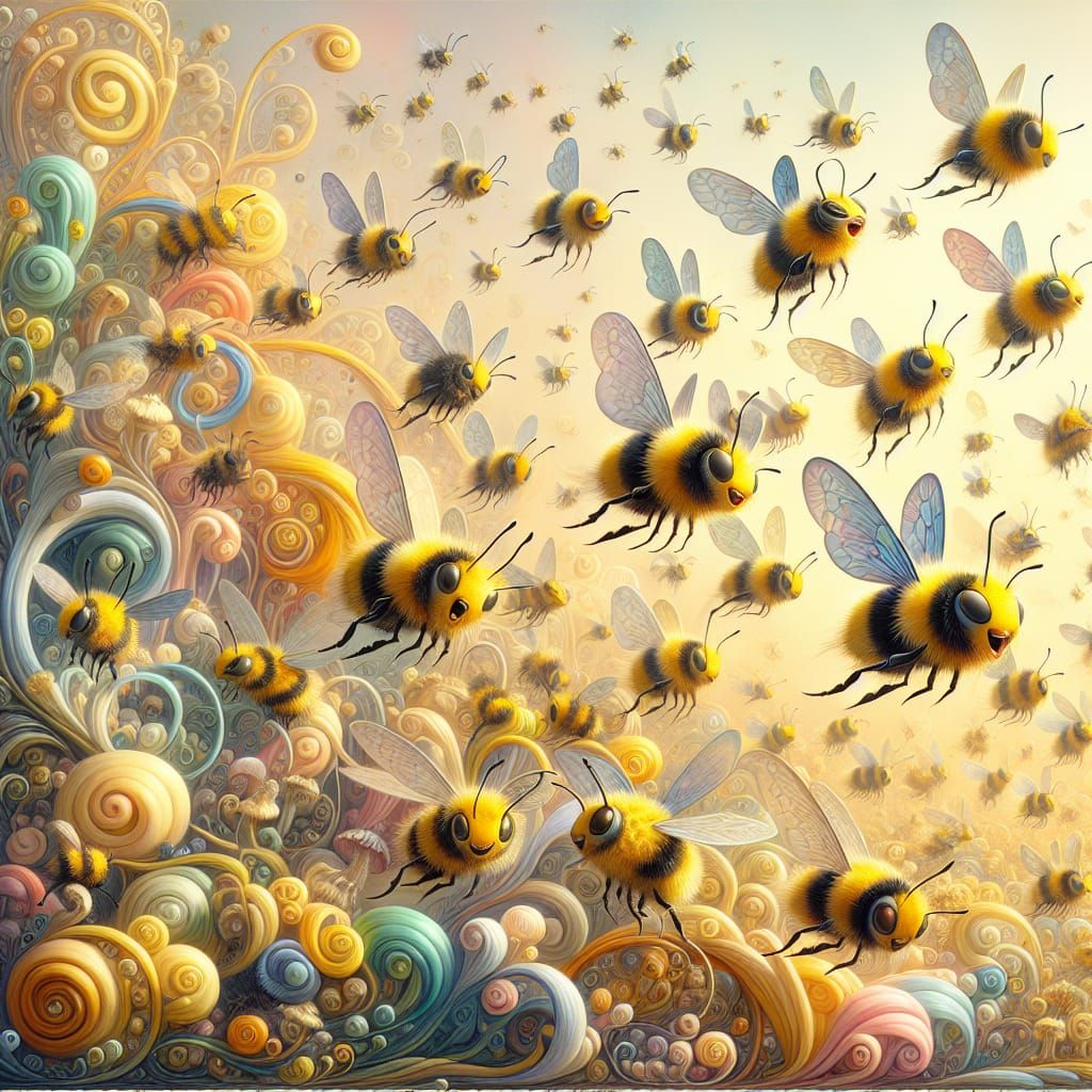 Vibrant, whimsical digital illustration of tiny, cute bubble...