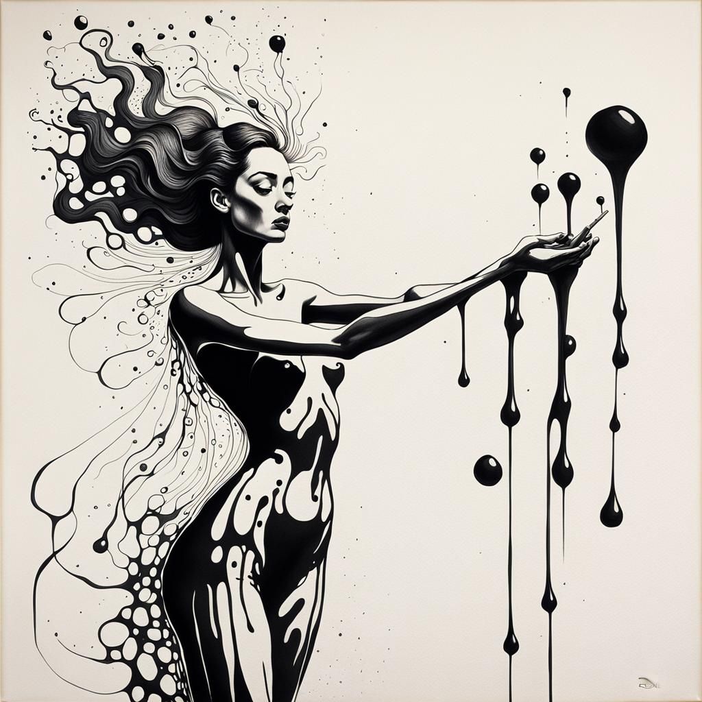 Black ink drops on paper turning into a line drawing of a wo...