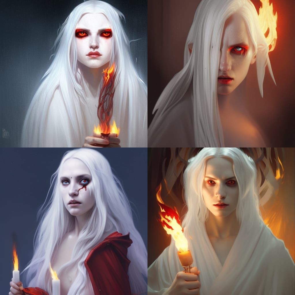 White haired witch in white robes pale with flame red eyes i...
