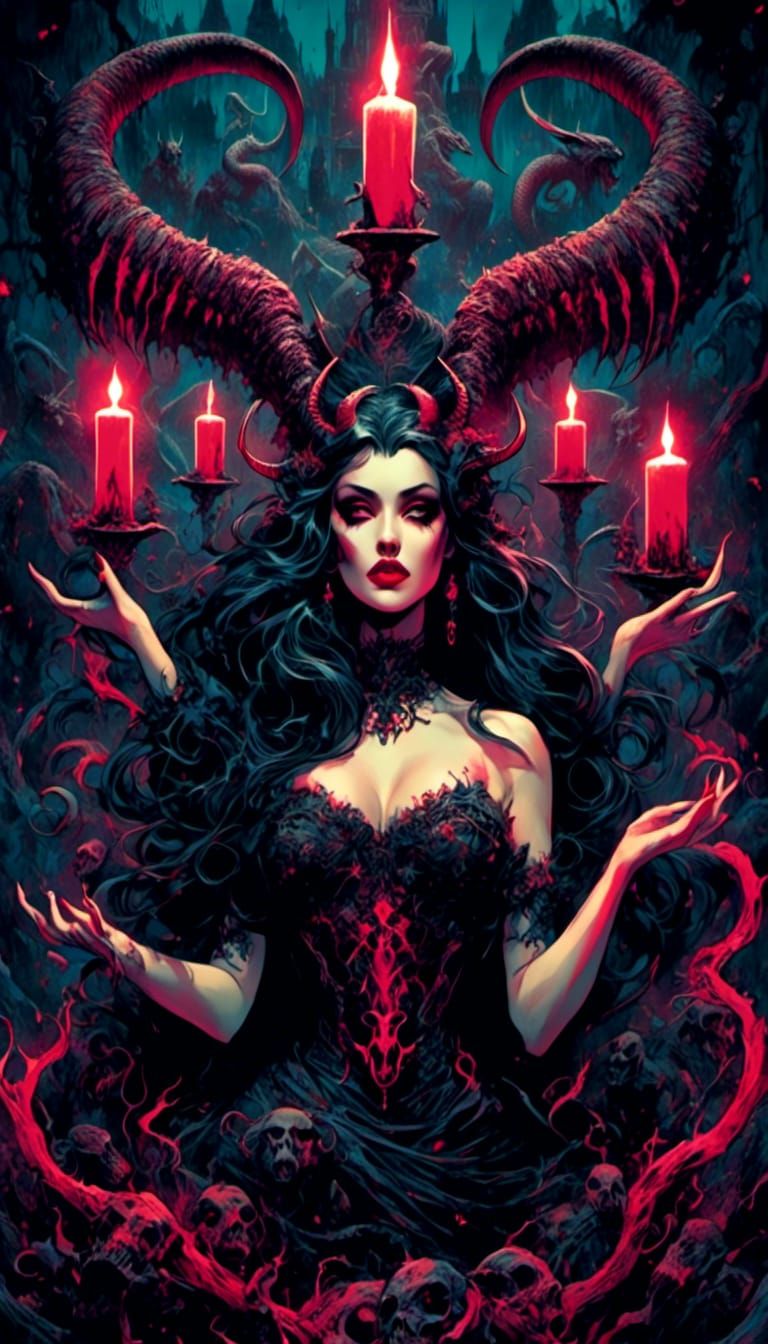 Scary Gothic Horror Pinup Illustration with Demonic Possessi...