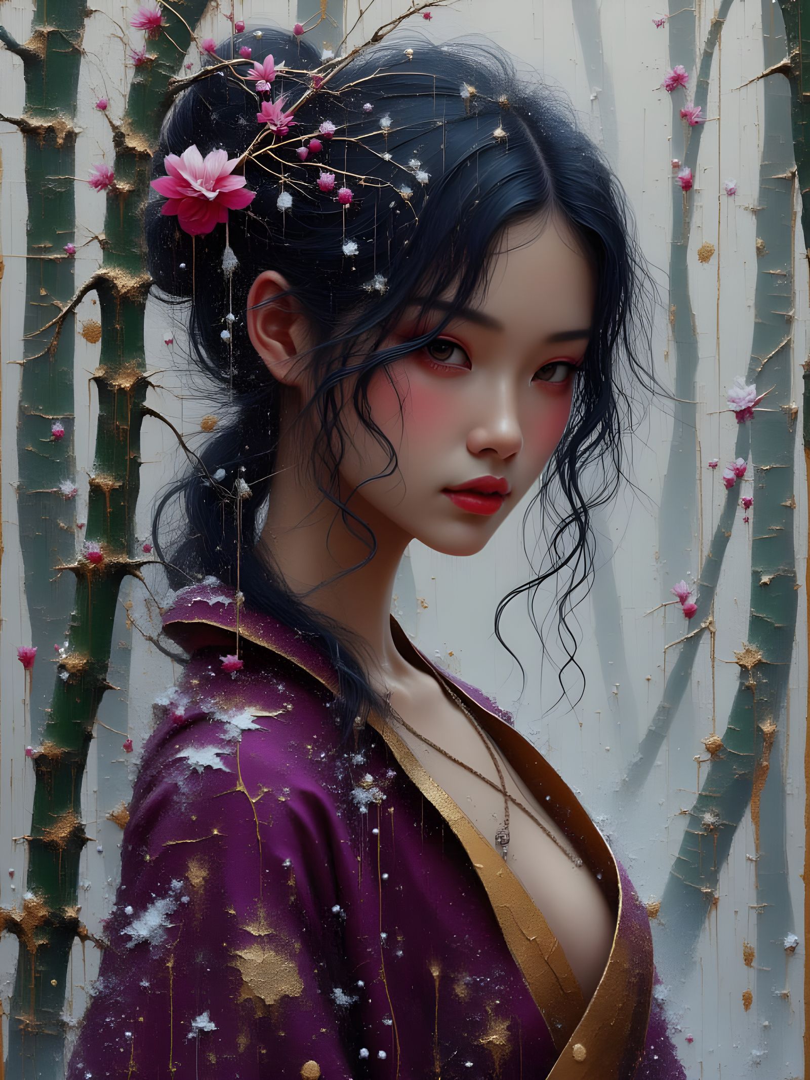 <lora:Lacquered Whispers:1.0>  Elegance refined, plum and turquoise colorway, elegant cinematic scene,  Lacquered whispers, river witch, Mos...