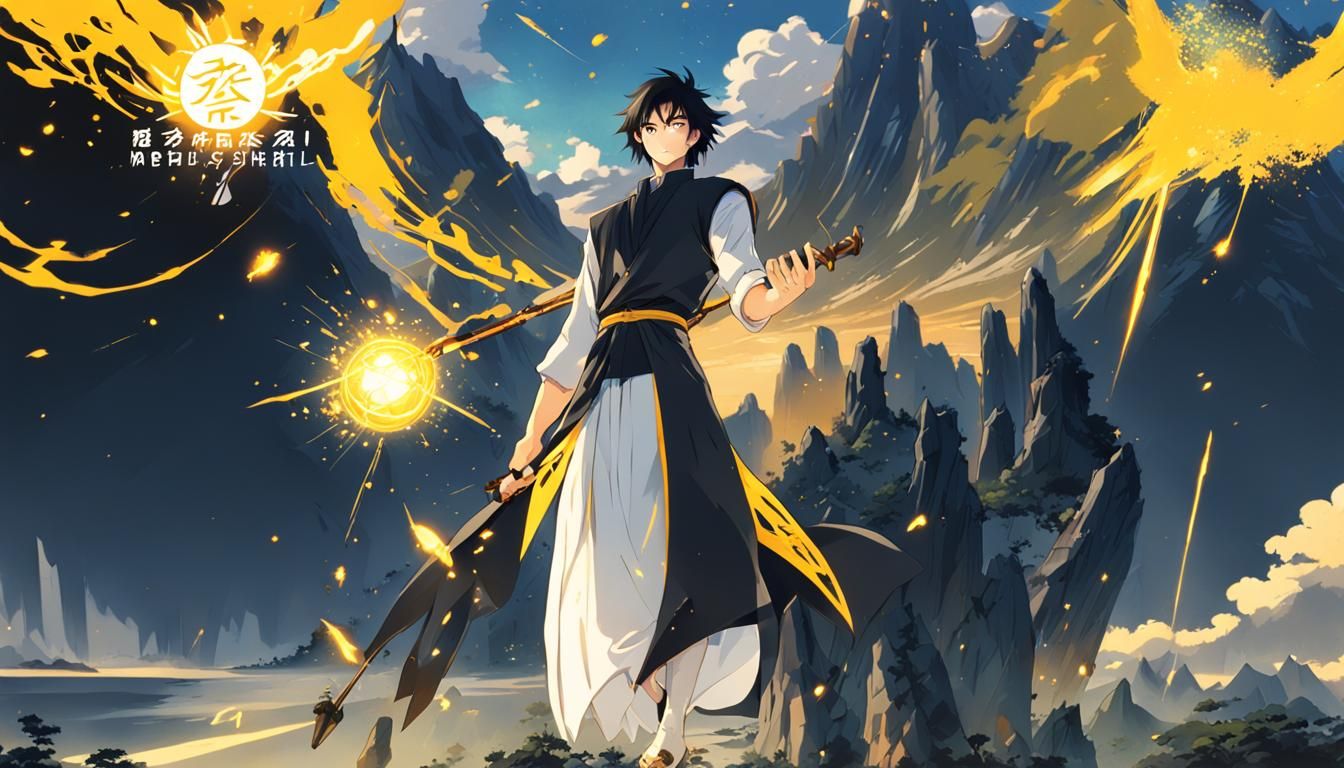 anime style powerful male character holding a spear in his right hand; the  left hand hold a ball of yellow magic power, he has black hair an... - AI  Generated Artwork -