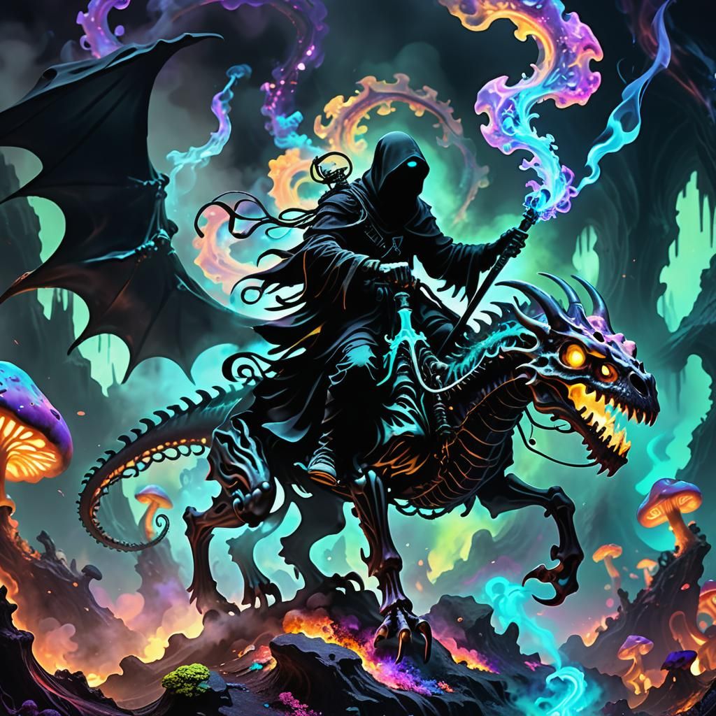 A ghostly black smoke figure of the Grim Reaper riding a ske...