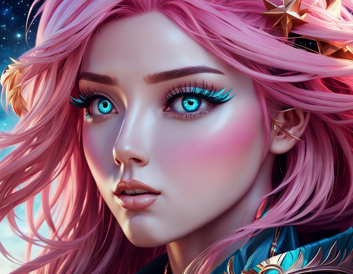 Close up Portrait of a beautiful anime girl with flowing pink hair ...