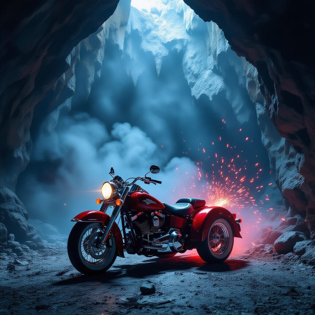A vintage TRIKE dark red and shinning in a thin RED smoke parked at the entrance of a vast, echoing cave. The scene is bathed in the moody, ...