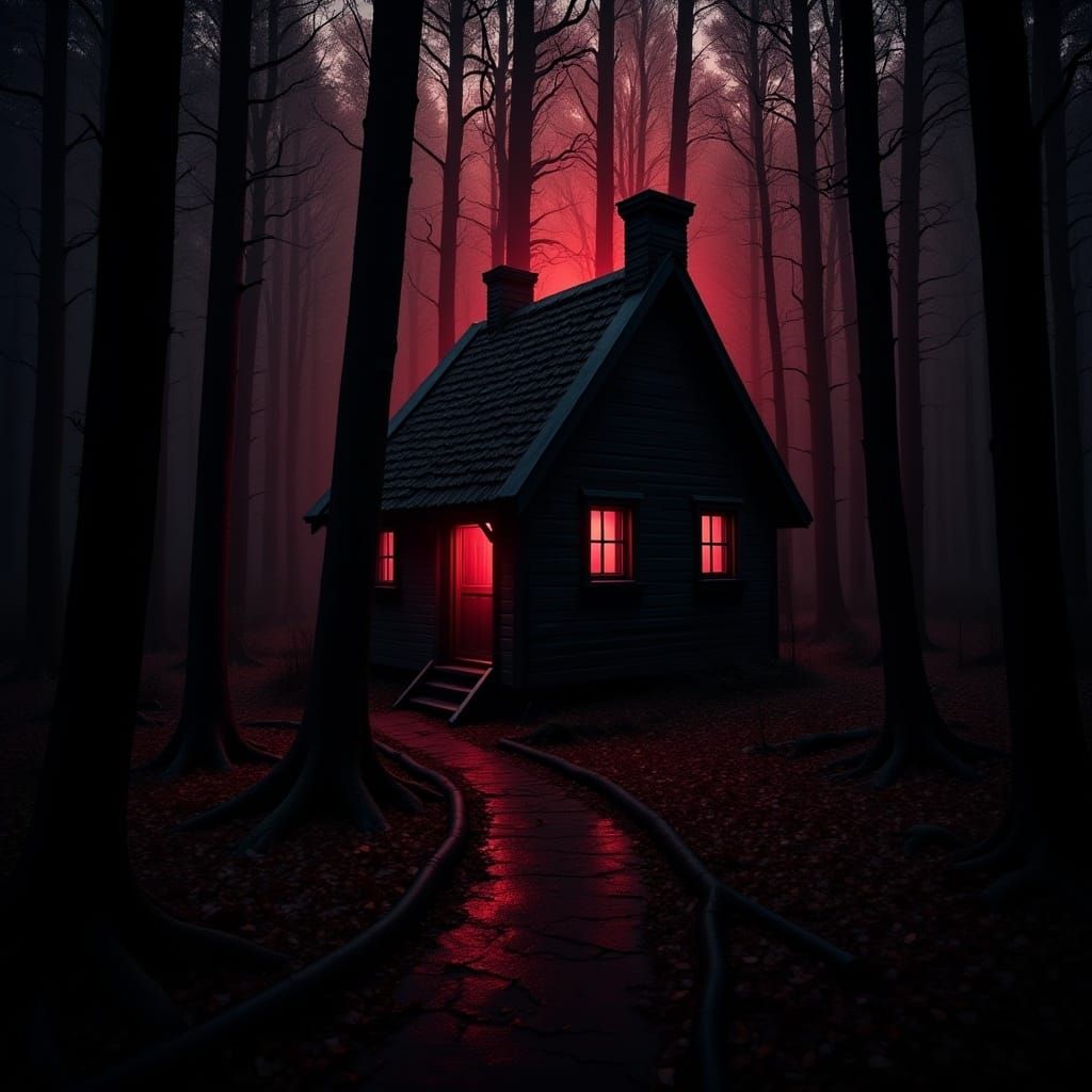 <lora:Mystical Fantasies:1.0> An abandoned cottage deep within the dark and shadowy forest.  The forest gives off a reddish glow 4K high res...