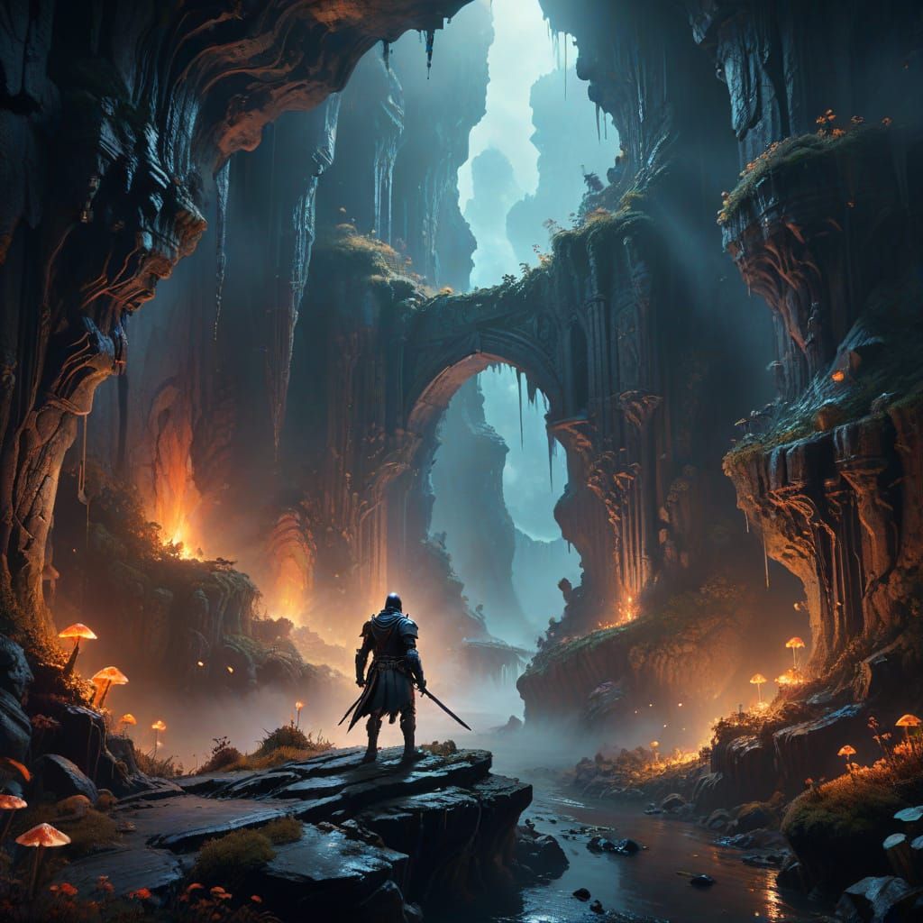 Knight Before Enchanted Chasm in Matte Painting Style