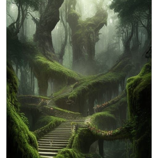 long and steep staircase leading to a regal throne in the rainforest  by @mya