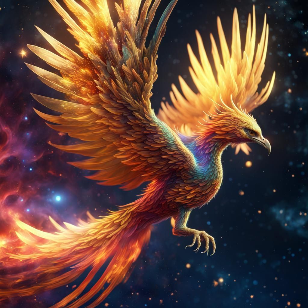 Colourful Phoenix with Golden Wings flying in outer space ,4k ,high ...