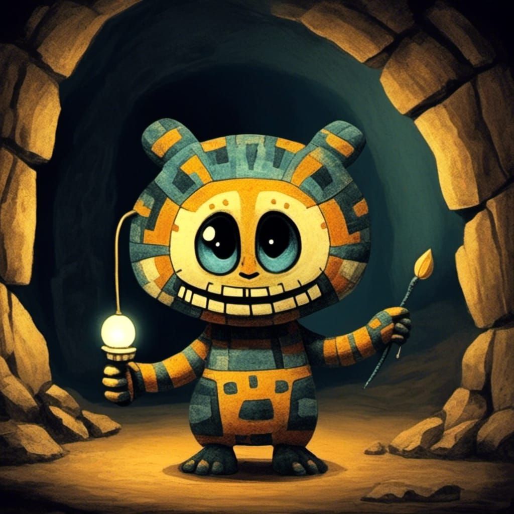 <lora:Dubuffet Dolls:1.0> Cute creature holding a lamp in a dark cave 