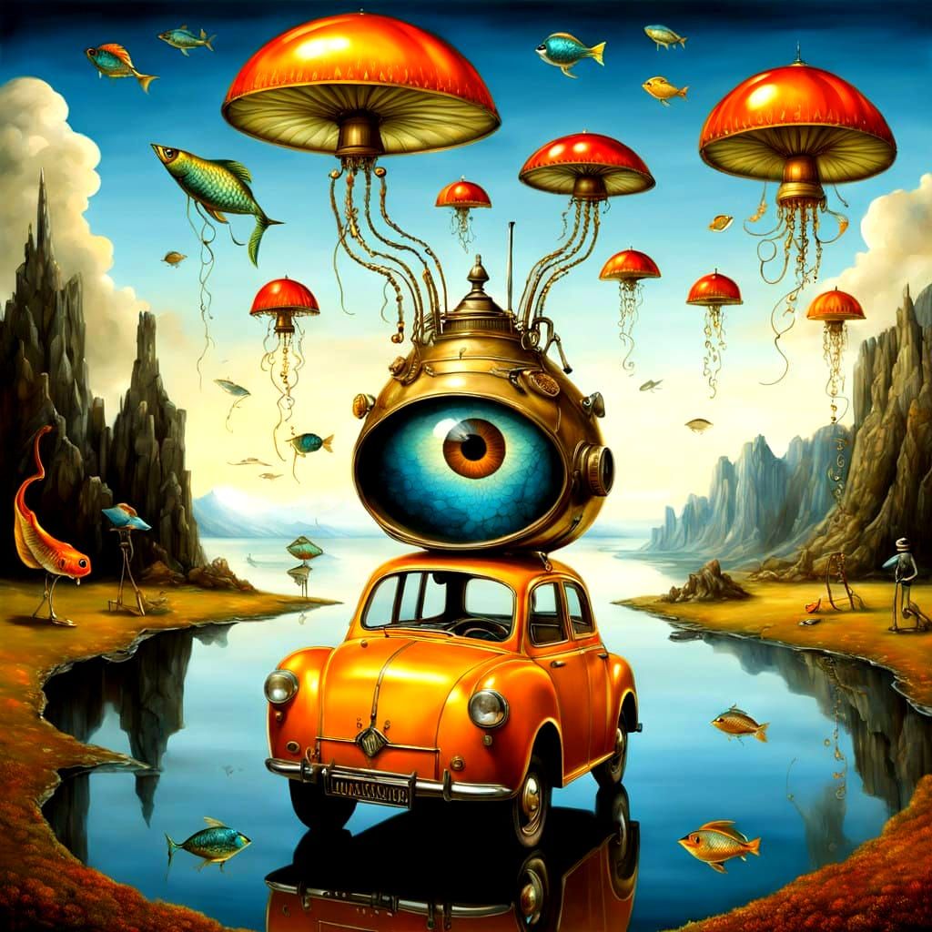 Eccentric Lady in Vibrant Surrealist Landscape