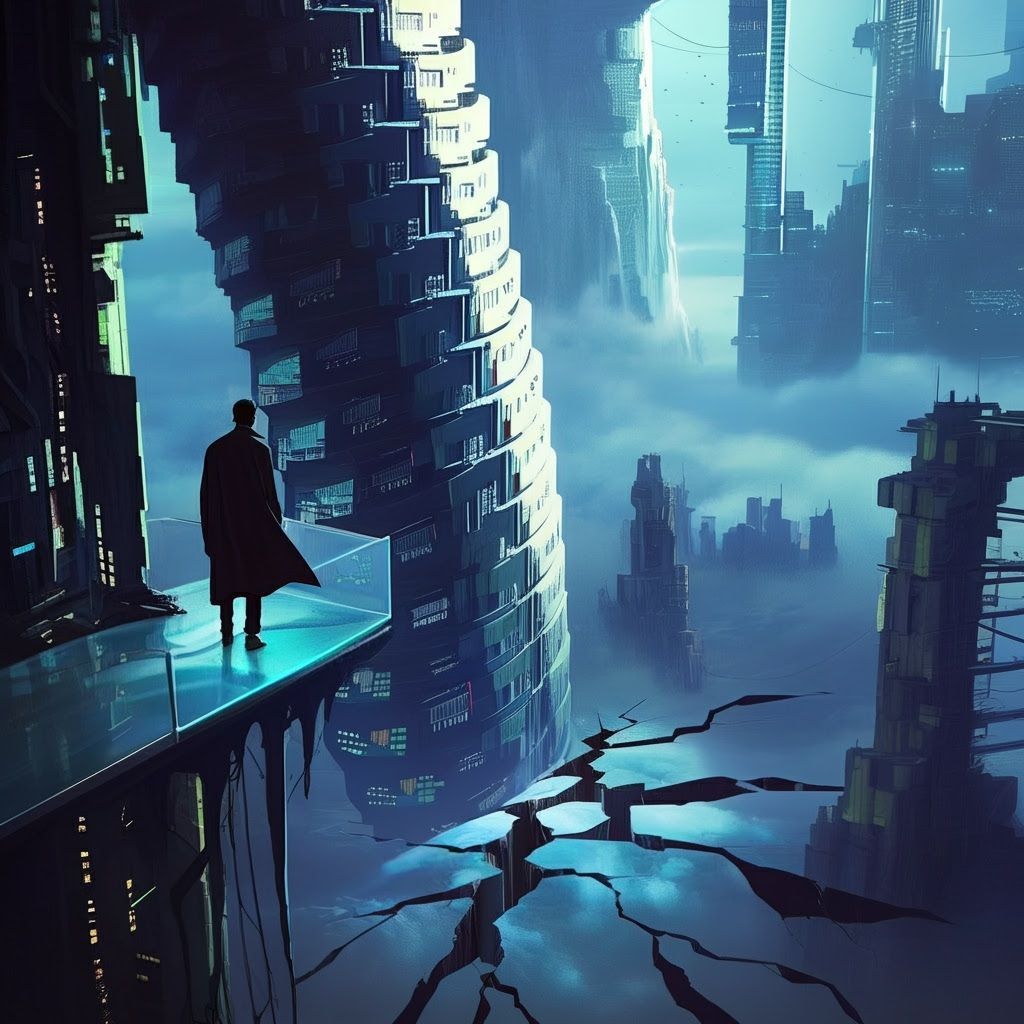 Futuristic Dystopian Cityscape with Man on Balcony